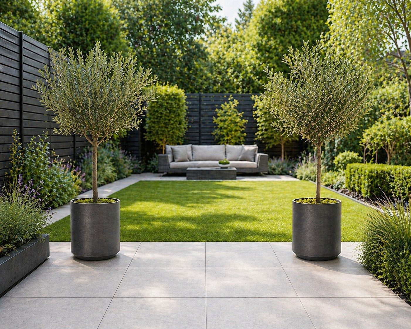 Hortus Lite - Metallic Look Plastic Cylinder Planter - Dk Grey - Dia43 x H43cm lifestyle - metal cylinder planter with lush greenery on modern garden terrace