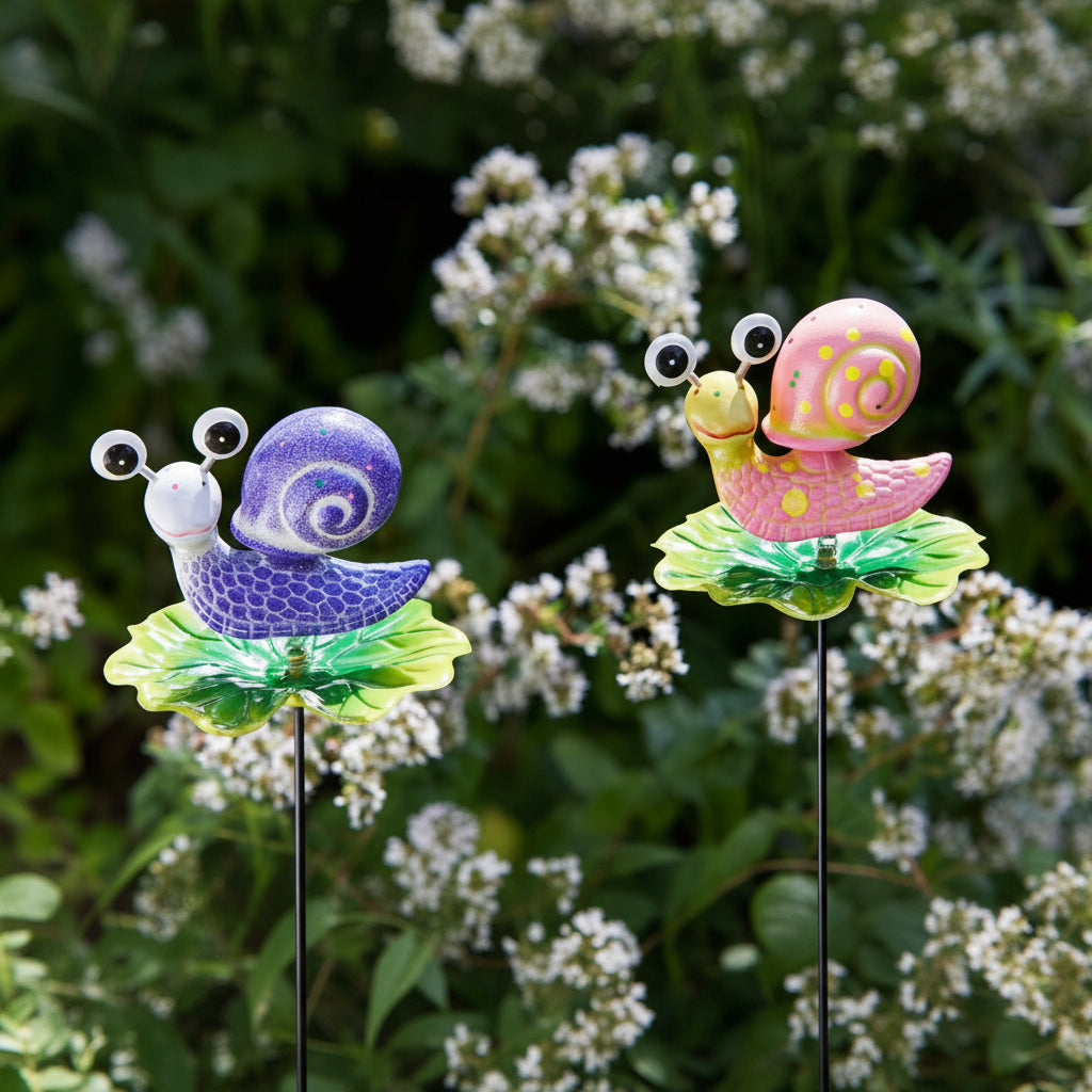 Two colorful snail garden stakes with a blurred green and white plant background.