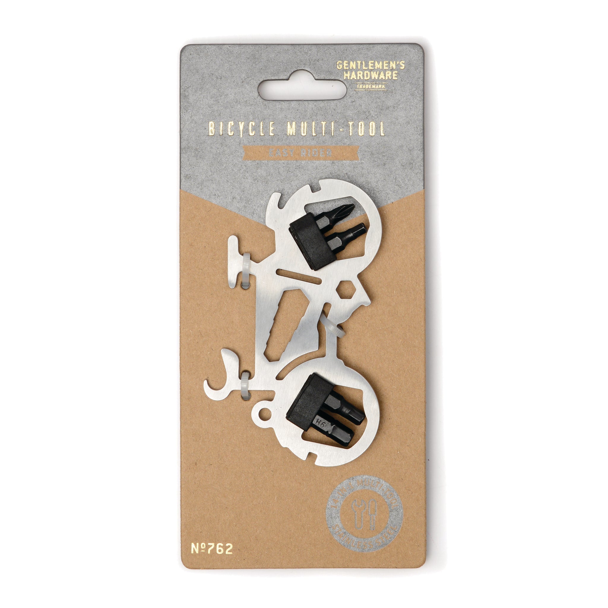 Bicycle-shaped stainless steel multi-tool on packaging