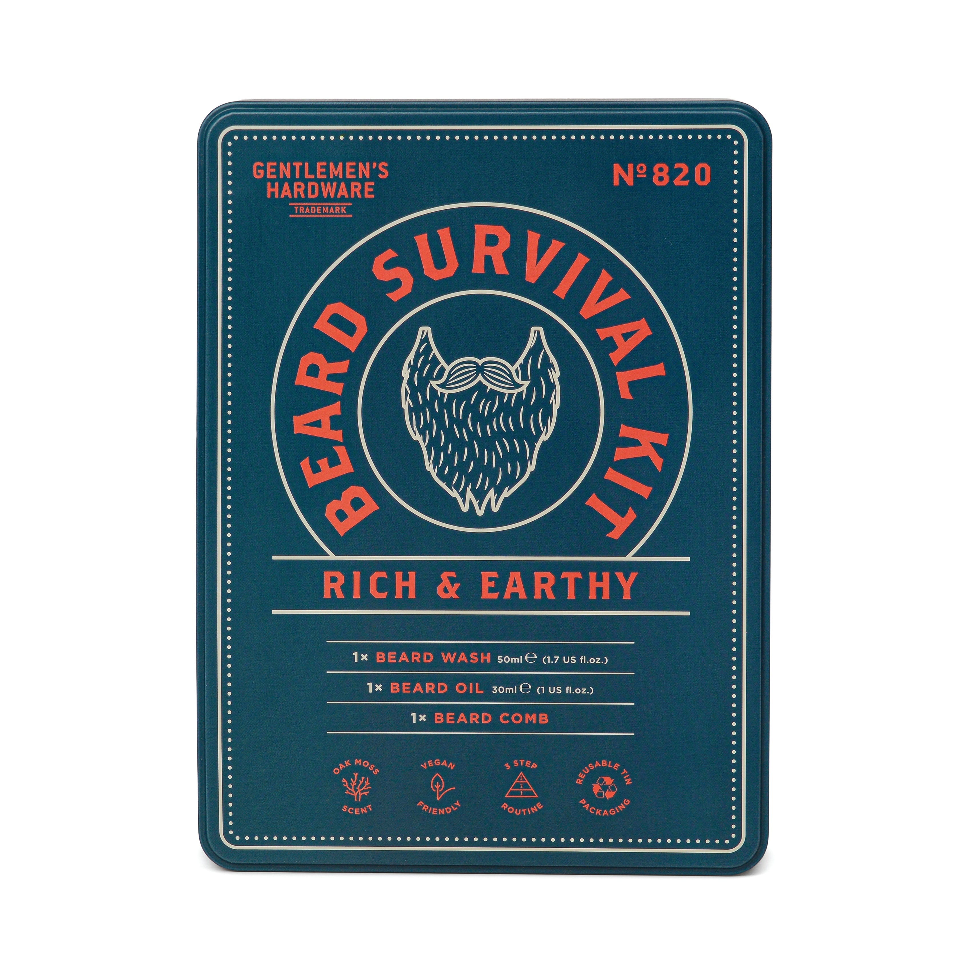 Beard Survival Kit tin with beard oil, beard wash and comb