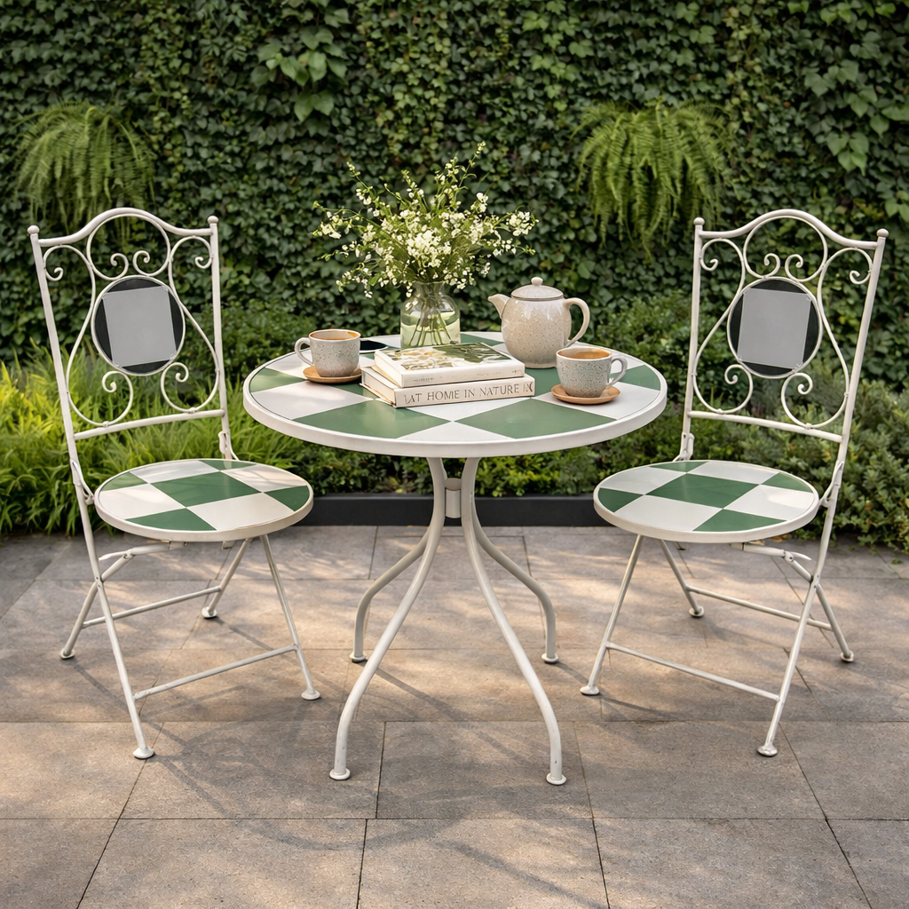 Metal Bistro Table Set - Mosaic Design-2 Chairs - Green/Natural - Dia 60cm