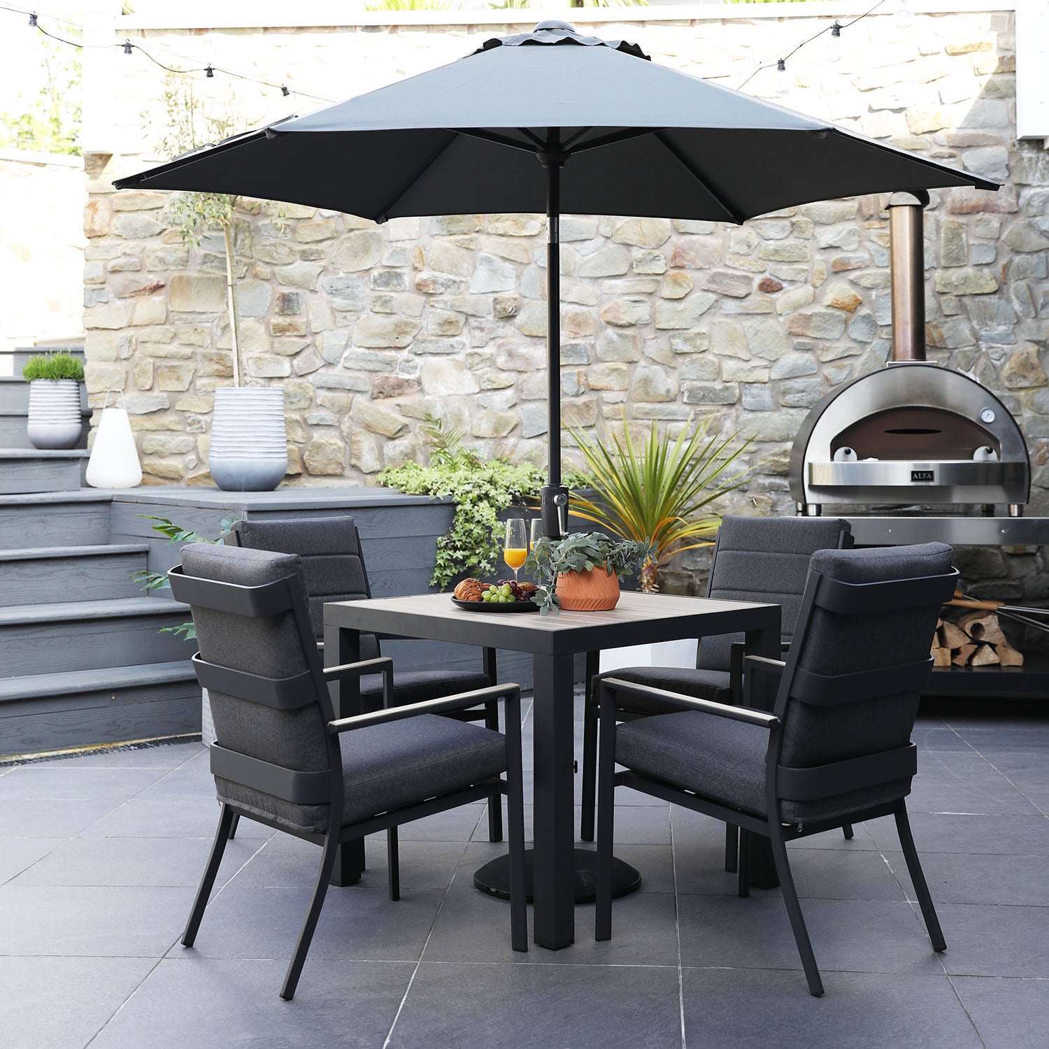 Mannington 4 Seat 90cm Square Dining Set with 2.2m Deluxe Crank Parasol