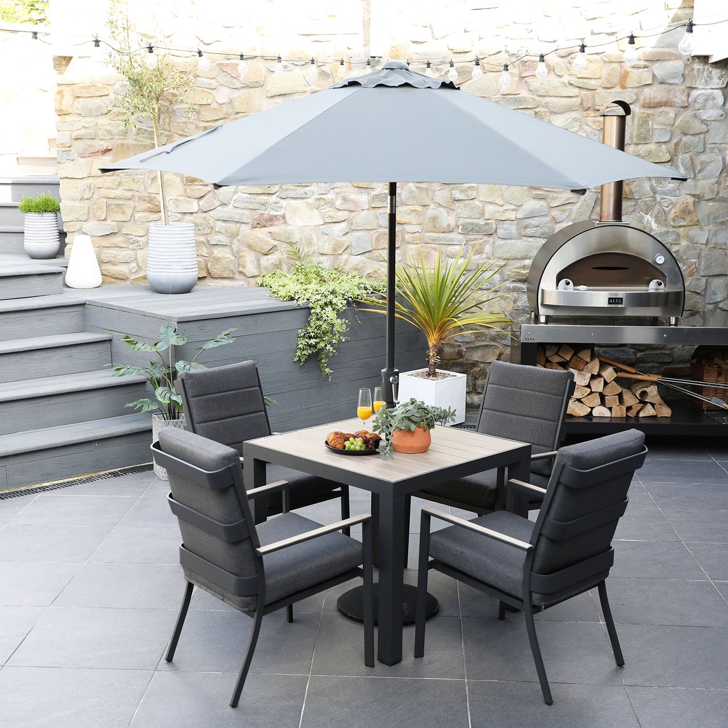 Mannington 4 Seat 90cm Square Dining Set with 2.2m Deluxe Crank Parasol