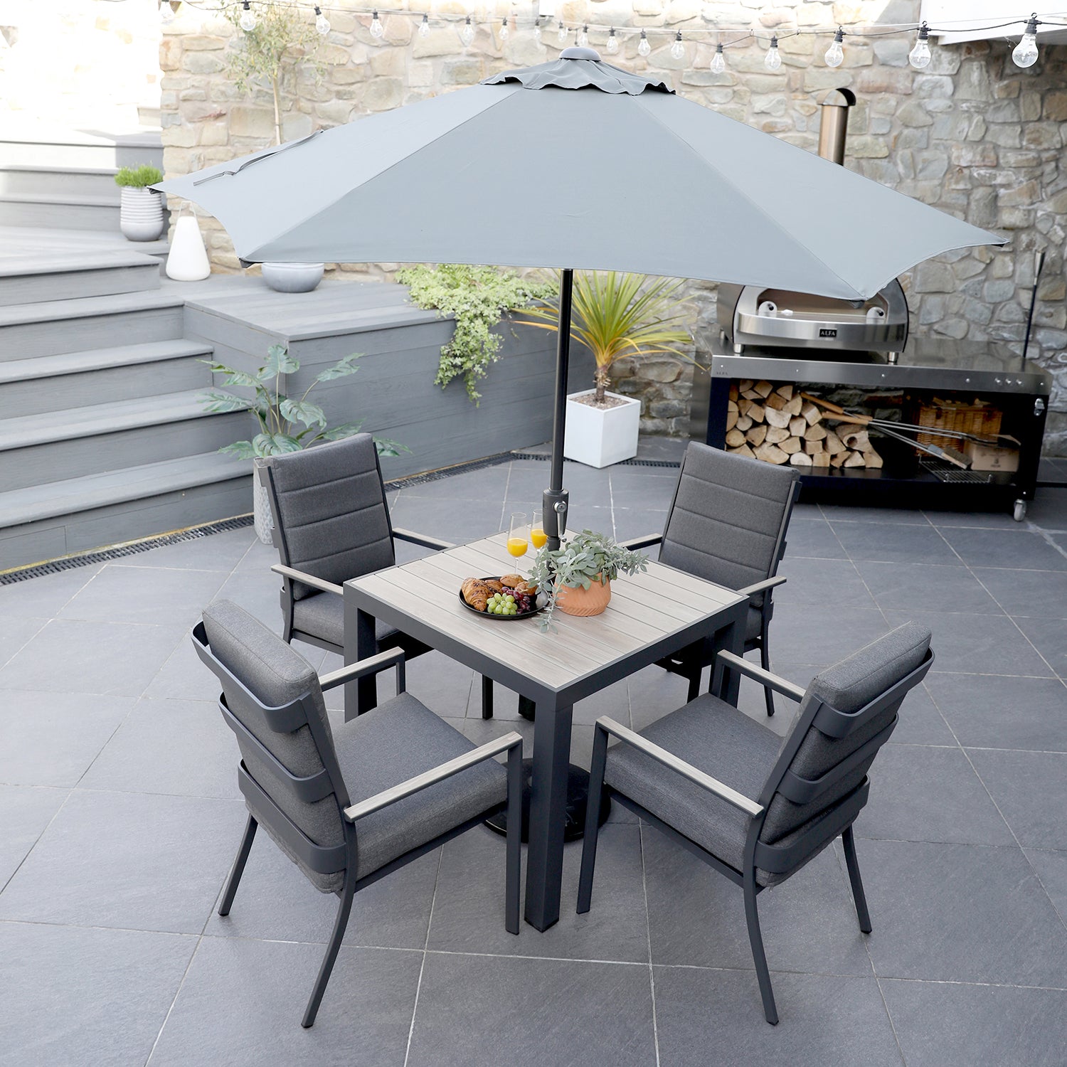 Mannington 4 Seat 90cm Square Dining Set with 2.2m Deluxe Crank Parasol