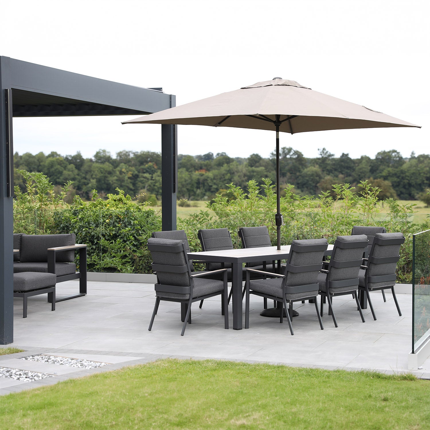 Mannington 8 Seat 230x90cm Rectangular Dining Set with 3.5m Deluxe Crank Parasol