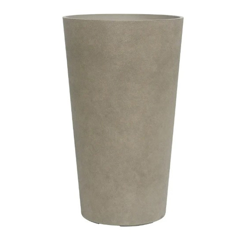 Hortus Lite - Aged Effect Tall Plastic Planter -Vintage - Dia 45.5 x H76cm lifestyle - fibreglass stone-effect planter with lush greenery on modern garden terrace