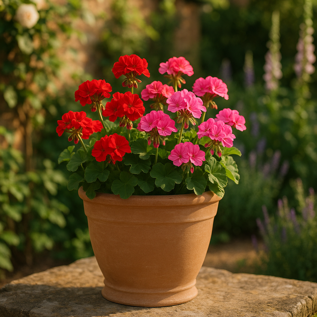 Gallicus  Antique Terracotta Pot lifestyle - terracotta garden pot with seasonal flowers on English cottage garden