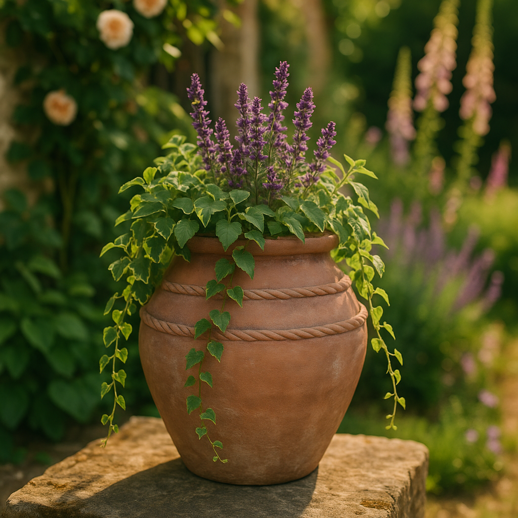 Antique Terracotta Rope Pot - H26.2 x Dia21cm lifestyle - terracotta garden pot with seasonal flowers on English cottage garden