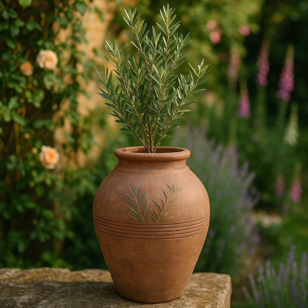 Antique Terracotta  Olive Pot - H39.5 x Dia28.5cm lifestyle - terracotta olive jar planter with seasonal flowers on English cottage garden