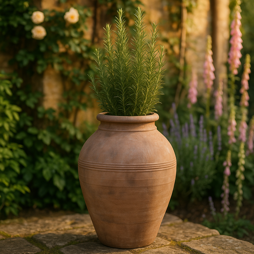 Antique Terracotta Olive Pot - H 47.5 x 31.5cm lifestyle - terracotta olive jar planter with seasonal flowers on English cottage garden