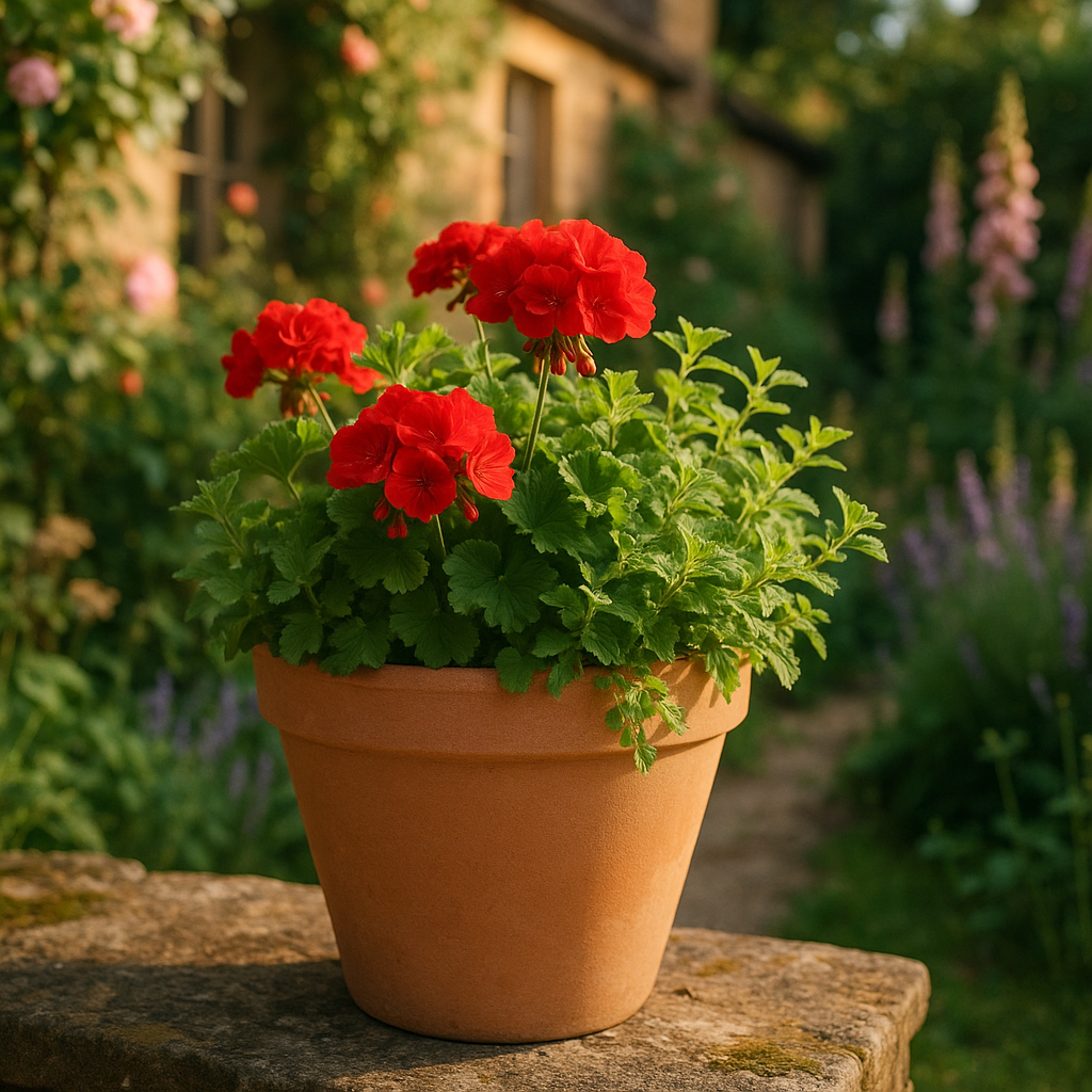 Antique Terracotta Pot lifestyle - terracotta garden pot with seasonal flowers on English cottage garden