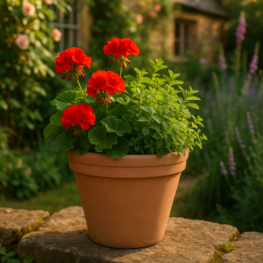 Antique Terracotta Pot lifestyle - terracotta garden pot with seasonal flowers on English cottage garden