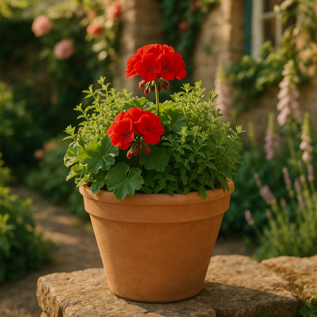Antique Terracotta Pot lifestyle - terracotta garden pot with seasonal flowers on English cottage garden