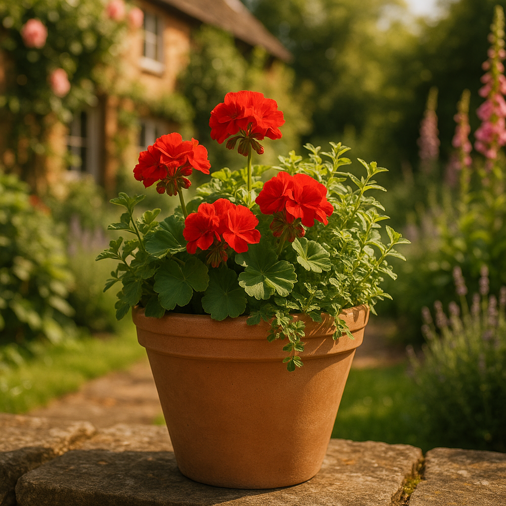 Antique Terracotta Pot lifestyle - terracotta garden pot with seasonal flowers on English cottage garden