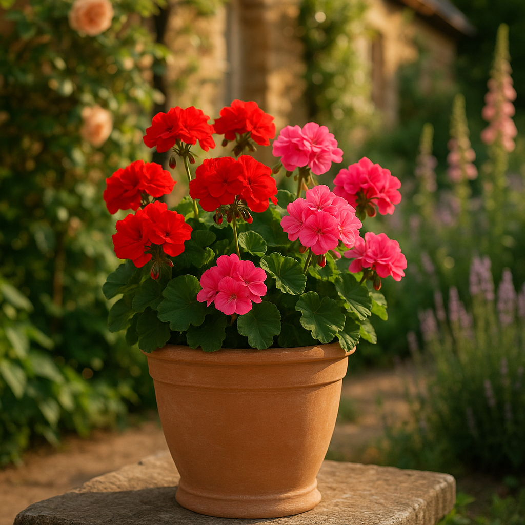 Gallicus  Antique Terracotta Pot  ( 25.29 x 19.55cm ) lifestyle - terracotta garden pot with seasonal flowers on English cottage garden