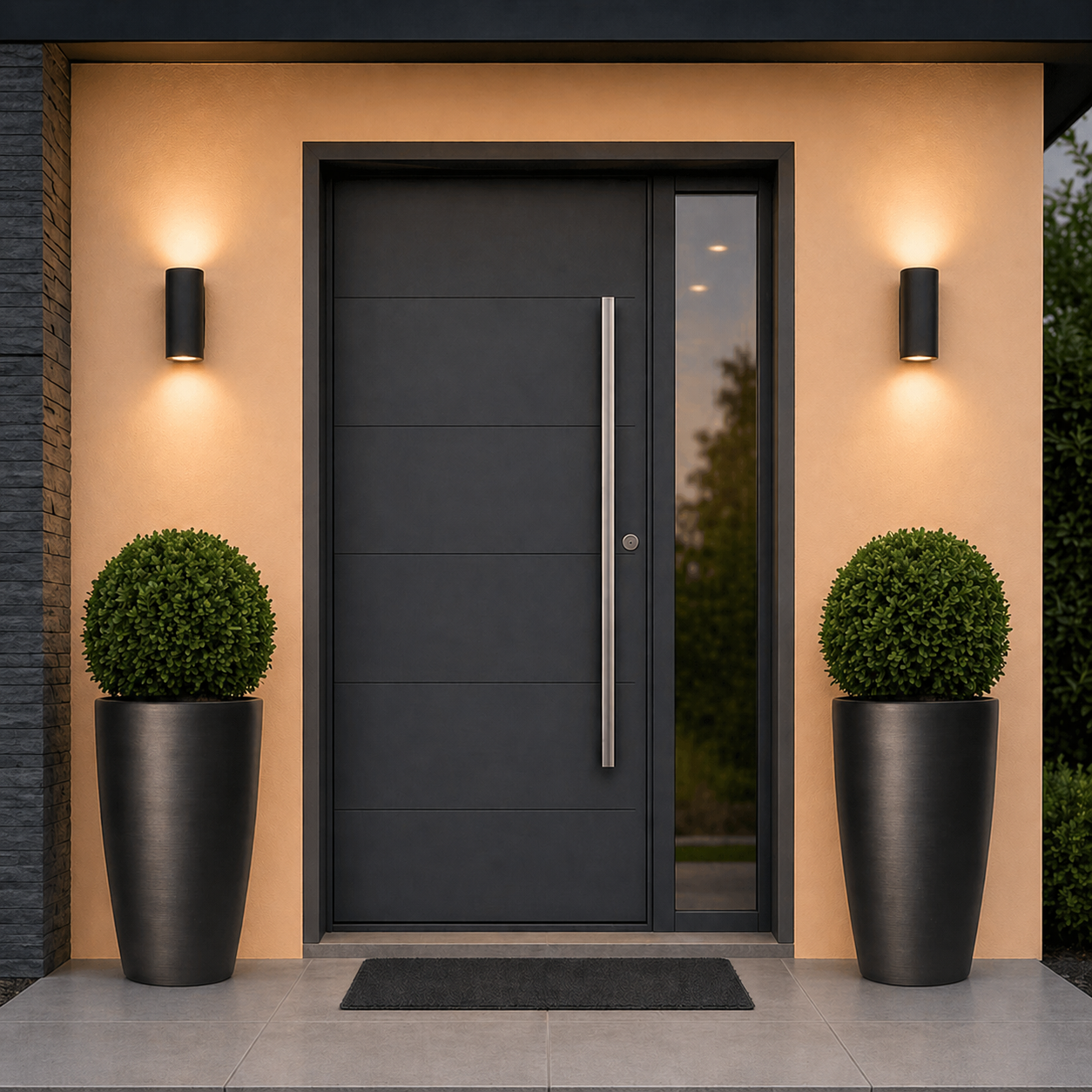 Hortus Lite - Metallic Look Tall Planter - Dk Grey  - Dia23 x H42cm lifestyle - metal planter with lush greenery on modern garden terrace