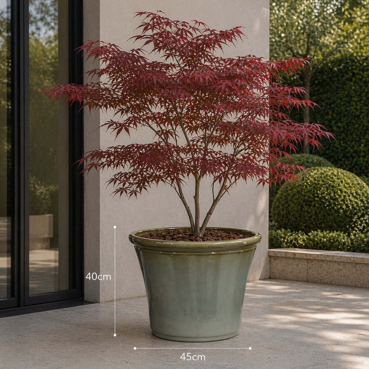 Hortus Lite - Glaze Plastic Rolled Rim Planter - Olive  Green-  Dia 45 x Height 40cm lifestyle - fibreglass stone-effect planter with lush greenery on modern garden terrace