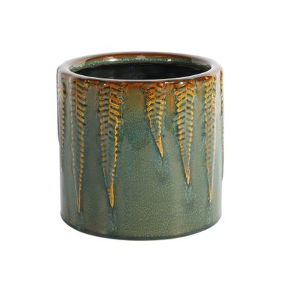 Hortus Albany Reactive Glaze Pot Green with Fern Print - Dia14.5 x H13