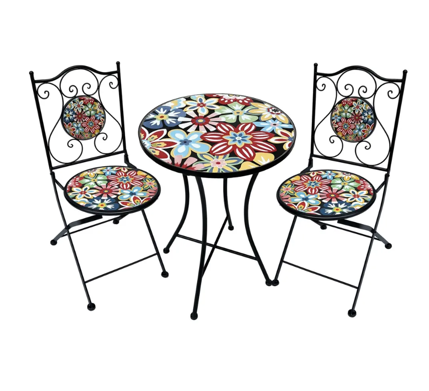 Metal Bistro Table Set Multi Floral Design - 2 Chairs -Dia 60 - H75cm