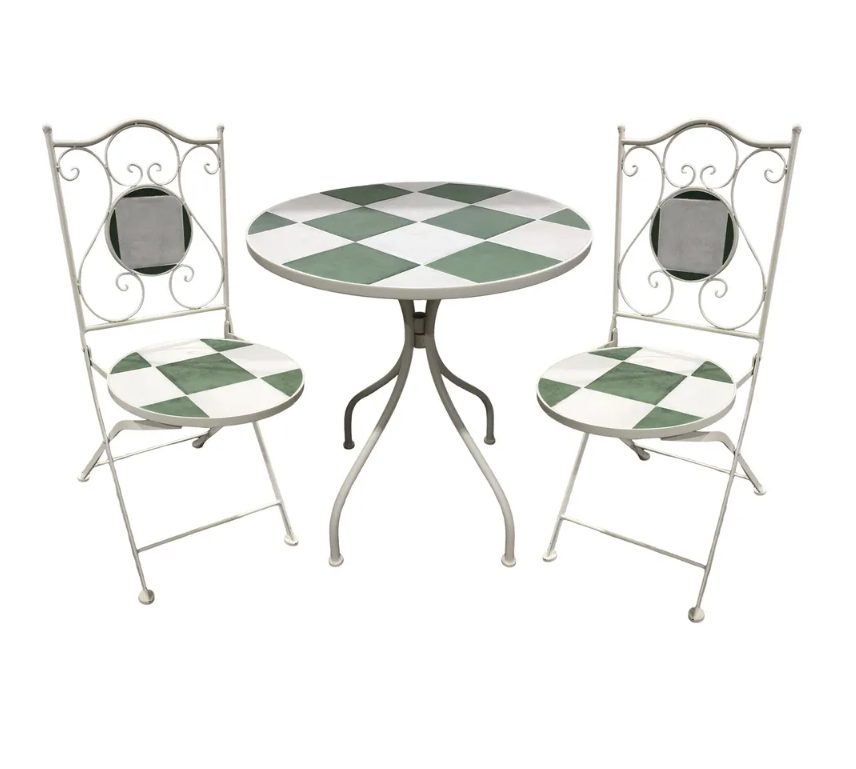 Metal Bistro Table Set - Mosaic Design-2 Chairs - Green/Natural - Dia 60cm