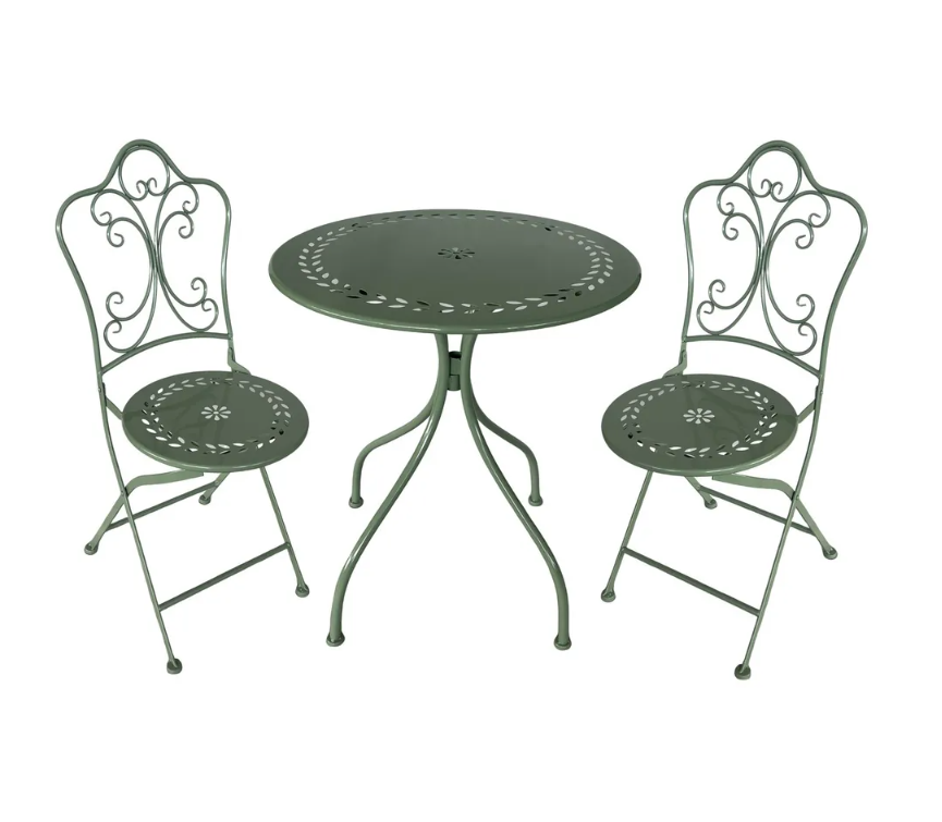 Metal Bistro Table  Set Leaf Design - 2 Chairs - Light Green - Dia 60