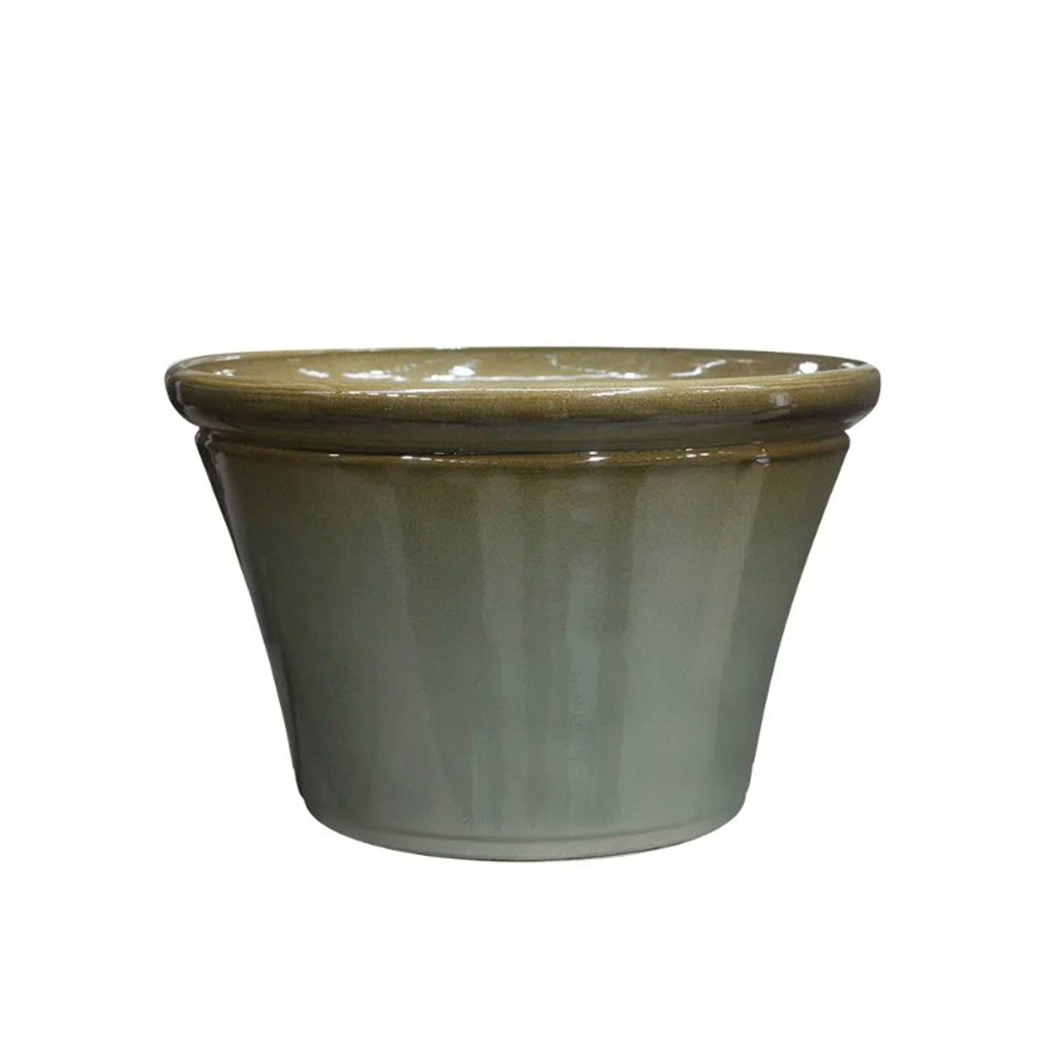 Hortus Lite -  Glaze Plastic Rolled Rim Planter -  Olive Green - Dia 35cm x Height 23cm lifestyle - fibreglass stone-effect planter with lush greenery on modern garden terrace