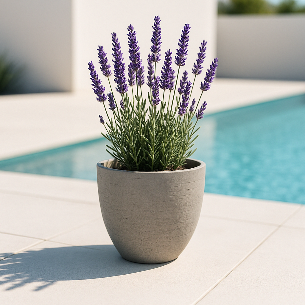 Hortus Classic Cemento Planter lifestyle - concrete planter with Mediterranean plants on contemporary Mediterranean terrace