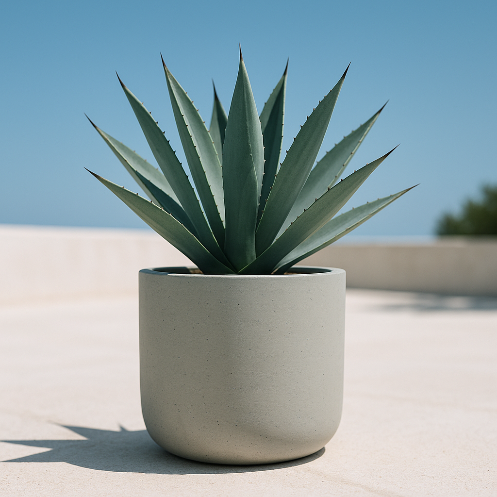 Hortus Classic Cemento Planter lifestyle - concrete planter with Mediterranean plants on contemporary Mediterranean terrace