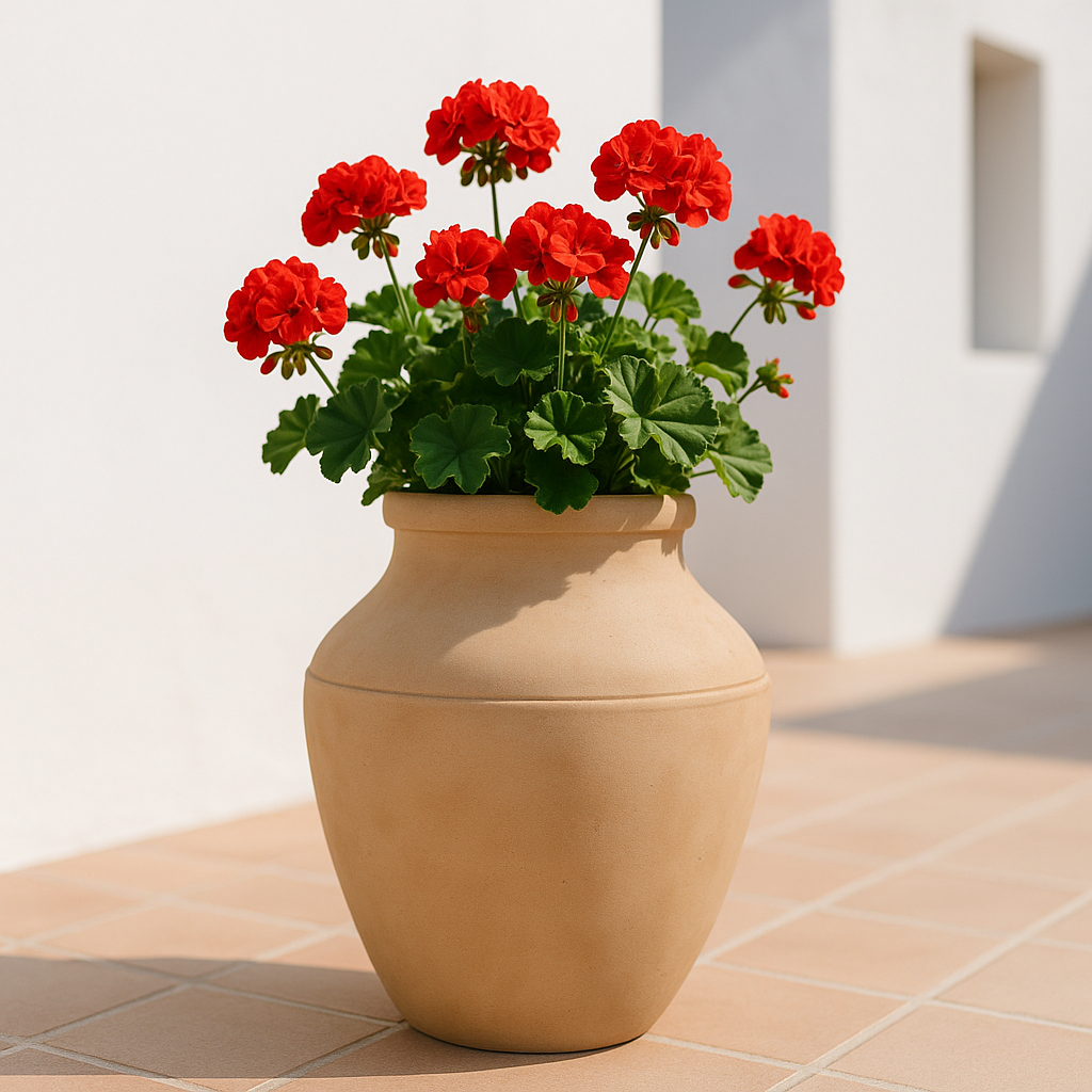 Hortus Classic Sardinia Olive Pot - Medium lifestyle - fibreglass stone-effect olive jar planter with Mediterranean plants on contemporary Mediterranean terrace