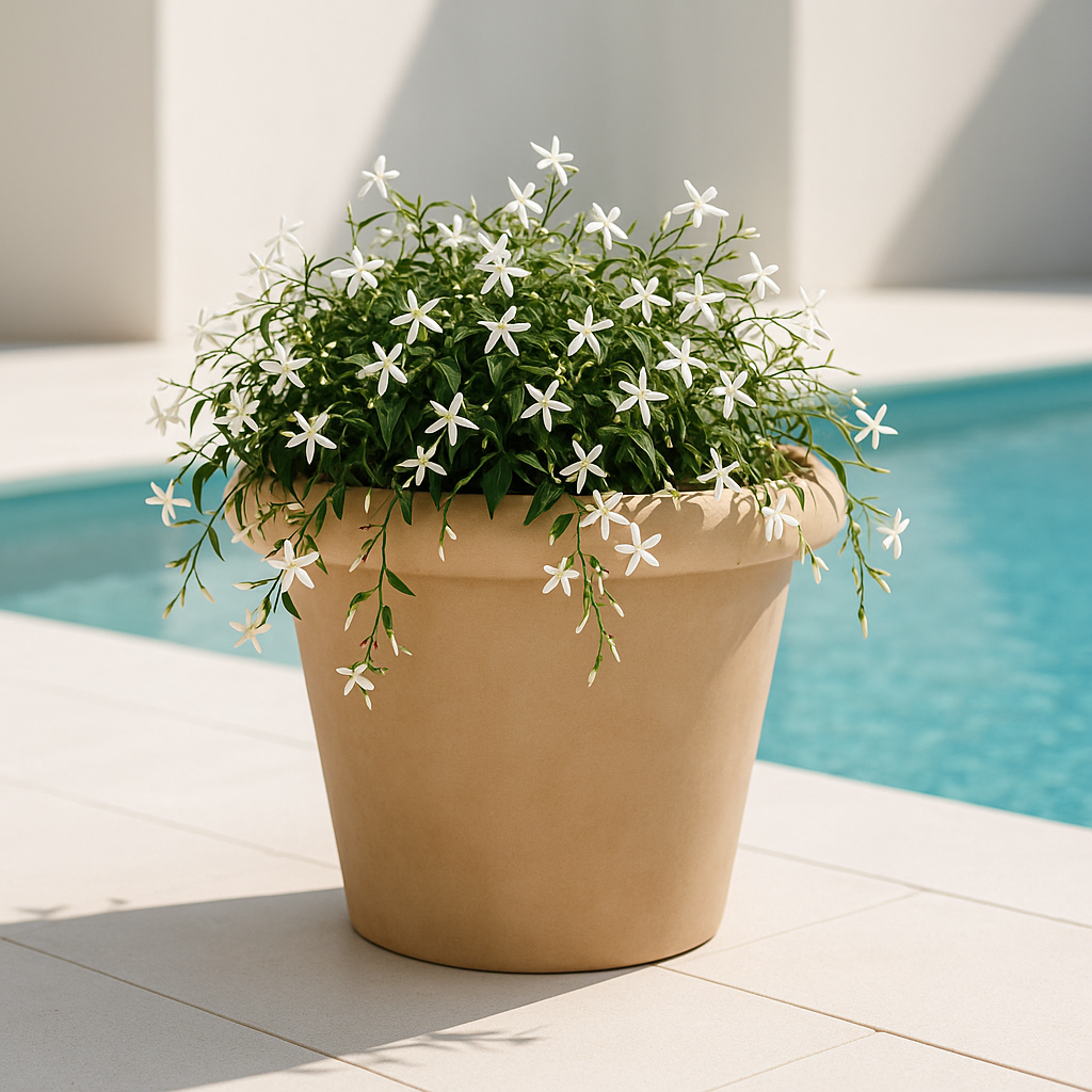 Hortus Classic Sardinia Rolltop Pot Large lifestyle - fibreglass stone-effect roll-top planter with Mediterranean plants on contemporary Mediterranean terrace
