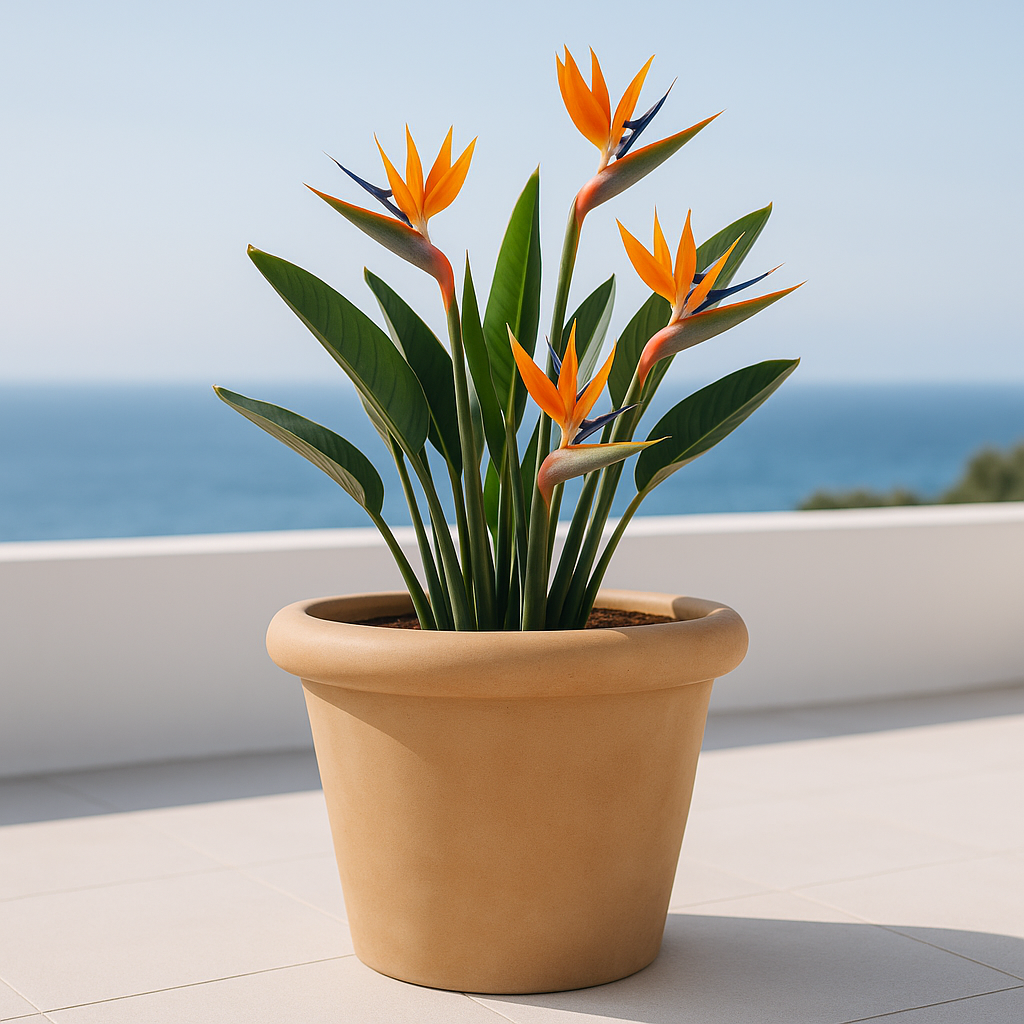Hortus Classic Sardinia Rolltop Pot Small lifestyle - fibreglass stone-effect roll-top planter with Mediterranean plants on contemporary Mediterranean terrace