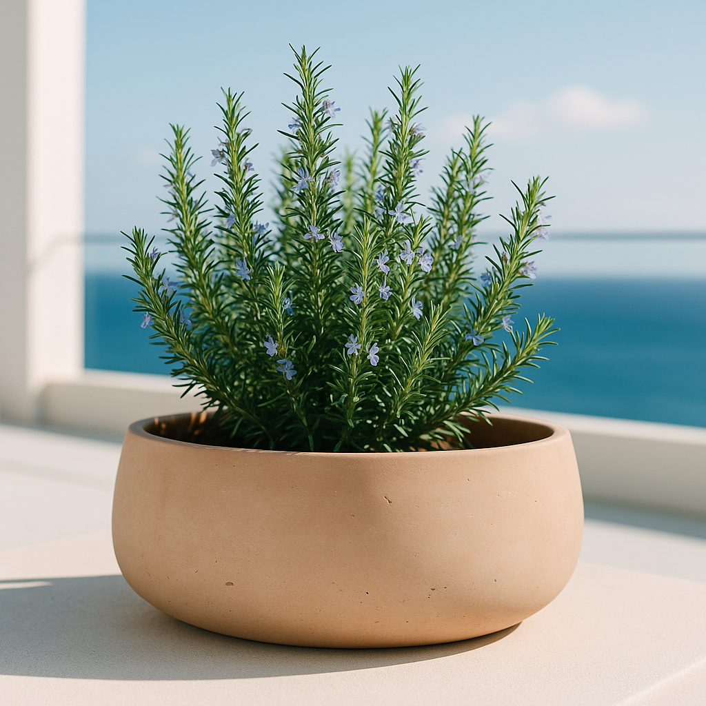 Hortus Classic Corsica Bowl lifestyle - fibreglass stone-effect bowl planter with Mediterranean plants on contemporary Mediterranean terrace
