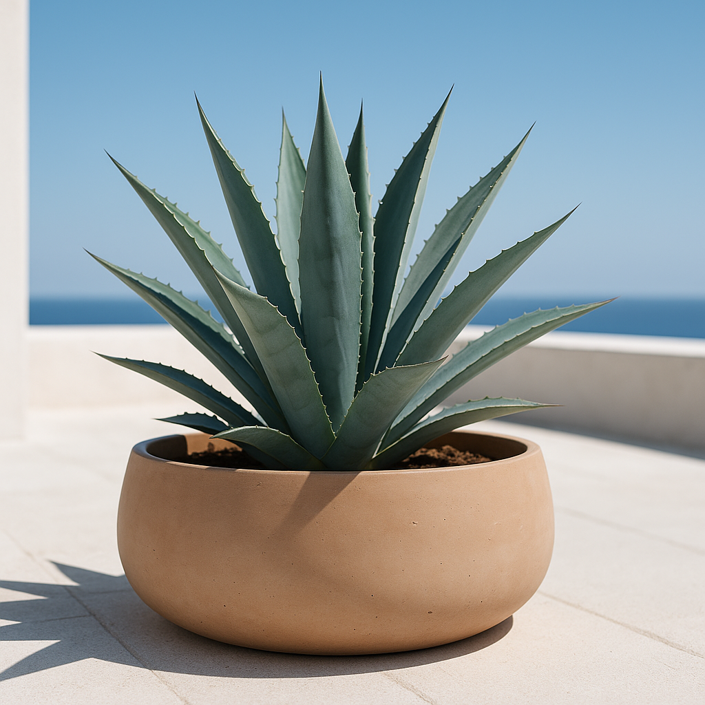 Hortus Classic Corsica Bowl lifestyle - fibreglass stone-effect bowl planter with Mediterranean plants on contemporary Mediterranean terrace