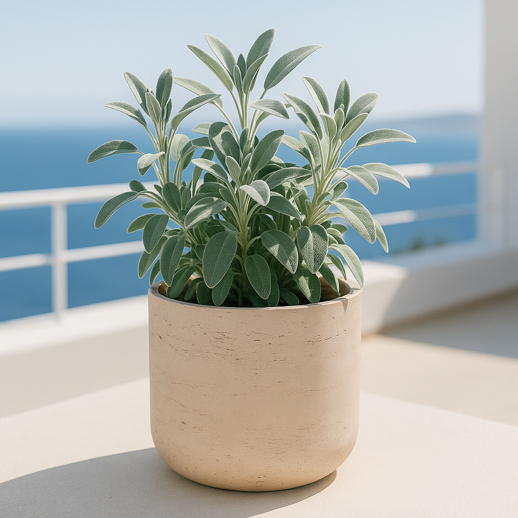 Hortus Classic Corsica Planter lifestyle - fibreglass stone-effect planter with Mediterranean plants on contemporary Mediterranean terrace