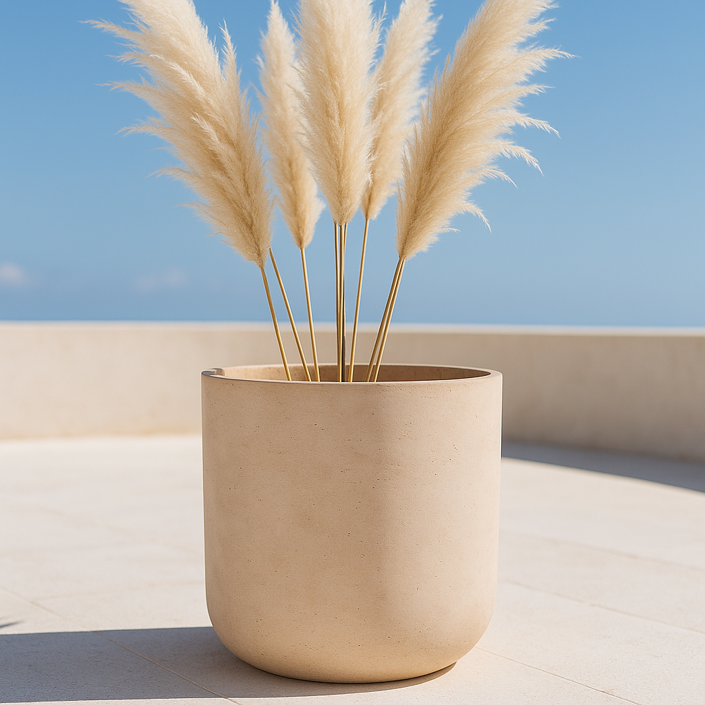 Hortus Classic Corsica Planter lifestyle - fibreglass stone-effect planter with Mediterranean plants on contemporary Mediterranean terrace