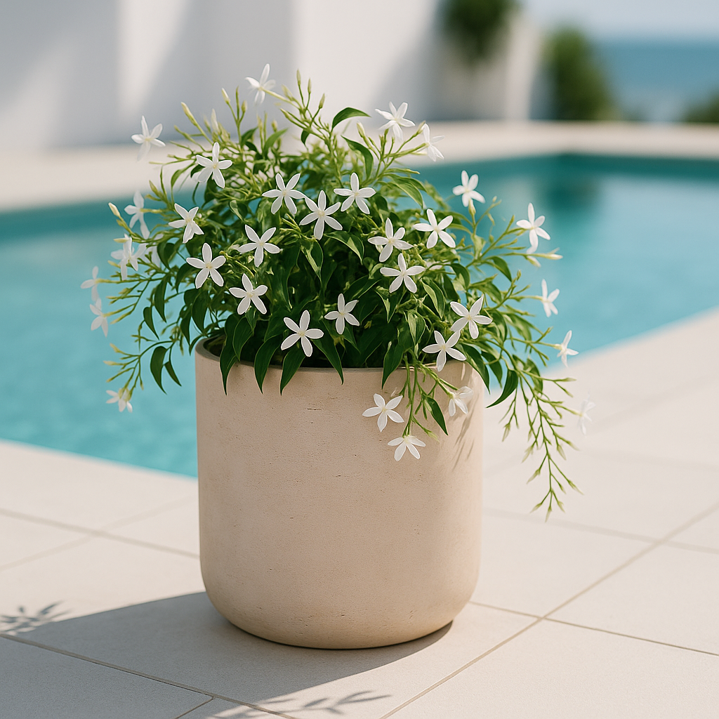 Hortus Classic Corsica Planter lifestyle - fibreglass stone-effect planter with Mediterranean plants on contemporary Mediterranean terrace