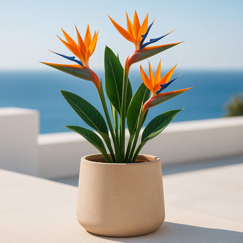 Hortus Classic Corsica Tapered  Planter lifestyle - fibreglass stone-effect tapered planter with Mediterranean plants on contemporary Mediterranean terrace