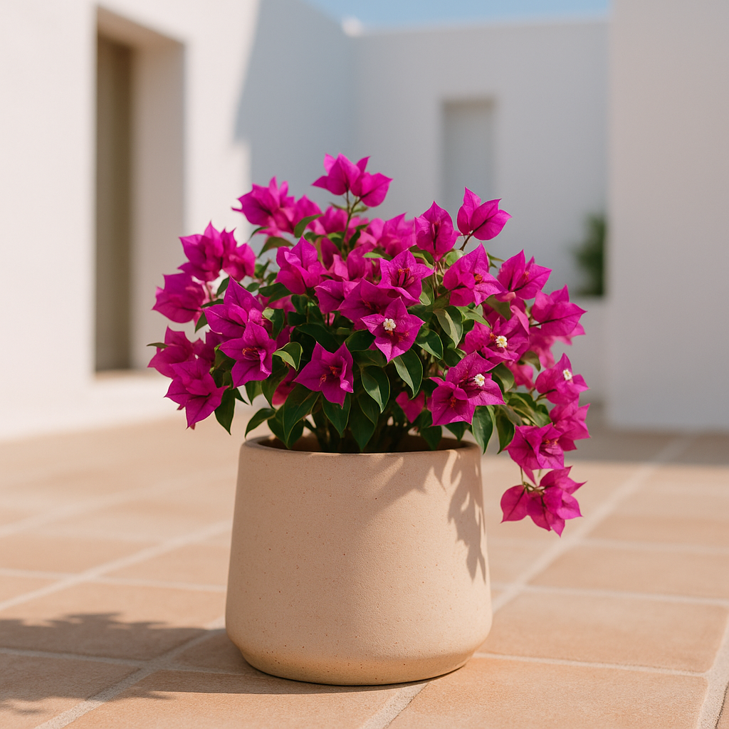 Hortus Classic Corsica Tapered  Planter lifestyle - fibreglass stone-effect tapered planter with Mediterranean plants on contemporary Mediterranean terrace