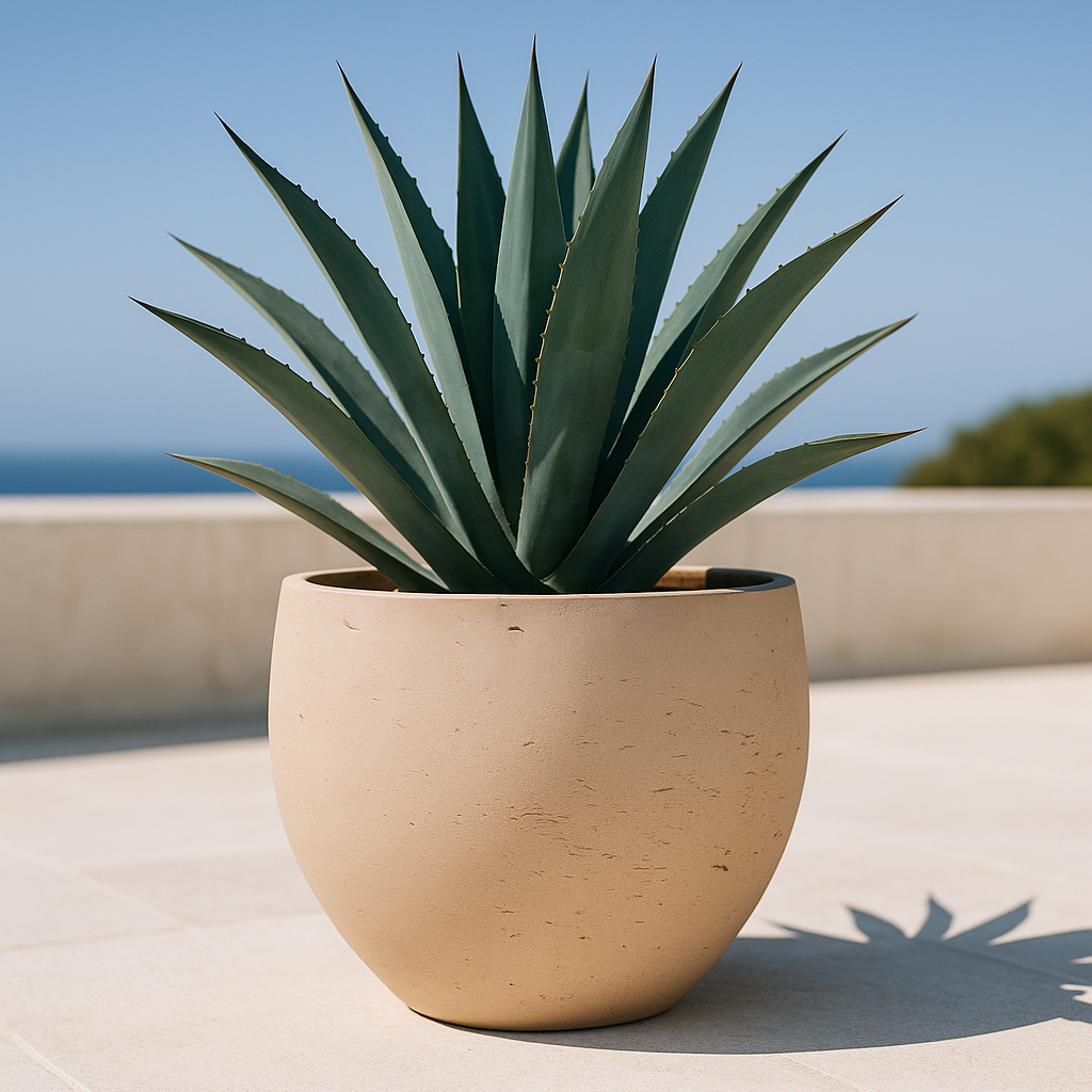 Hortus Classic Corsica Tulip Planter lifestyle - fibreglass stone-effect tulip planter with Mediterranean plants on contemporary Mediterranean terrace