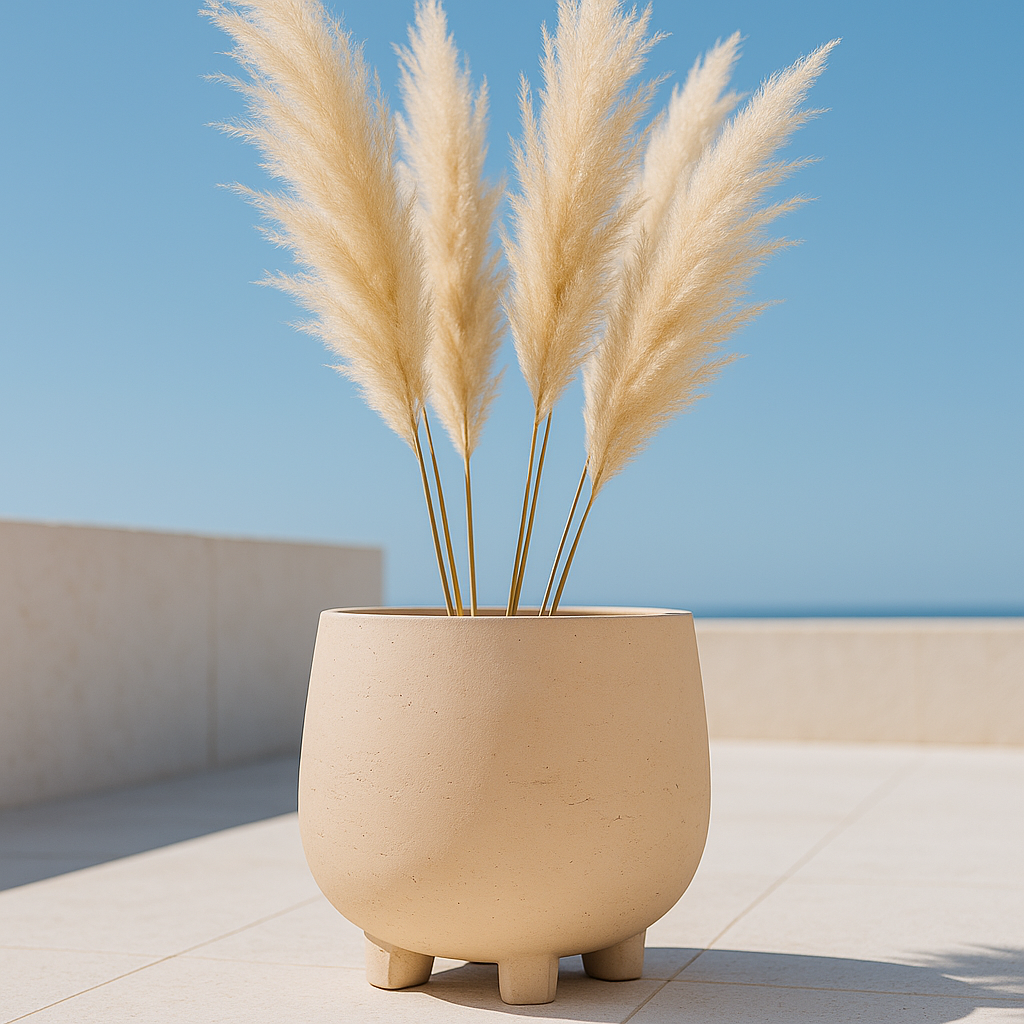 Hortus Classic Corsica Footed Planter lifestyle - fibreglass stone-effect footed planter with Mediterranean plants on contemporary Mediterranean terrace