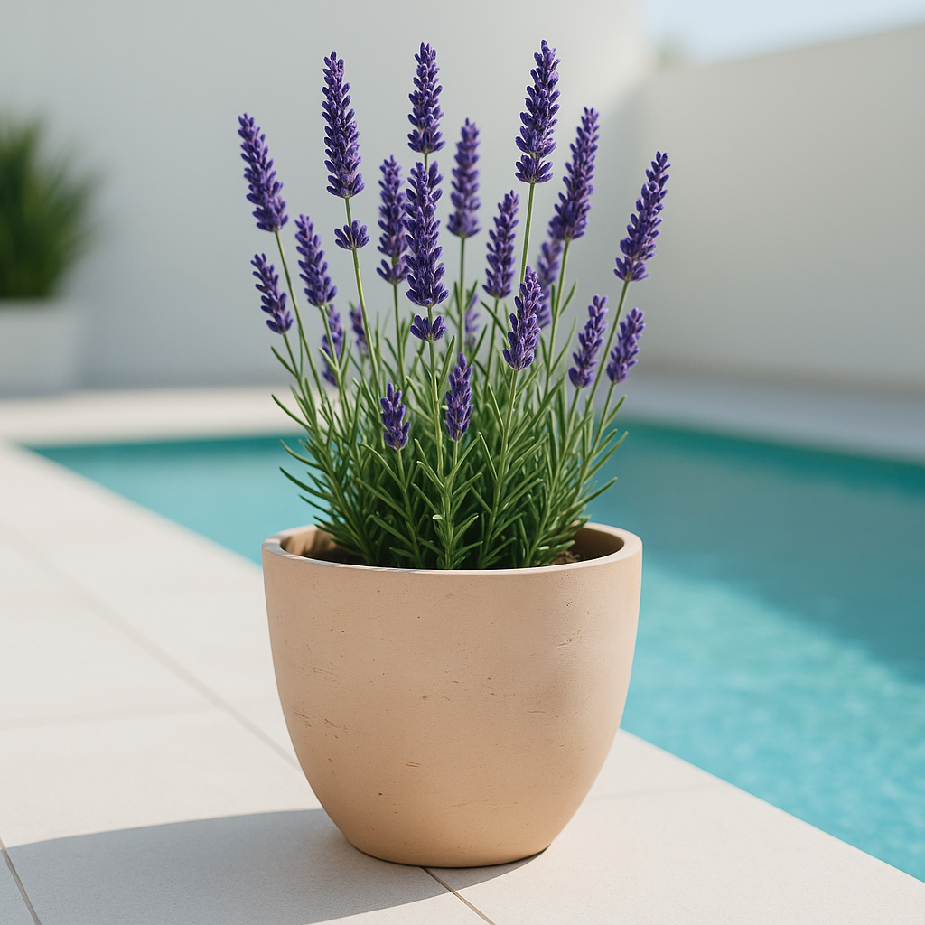 Hortus Classic Corsica Flared Planter lifestyle - fibreglass stone-effect flared planter with Mediterranean plants on contemporary Mediterranean terrace