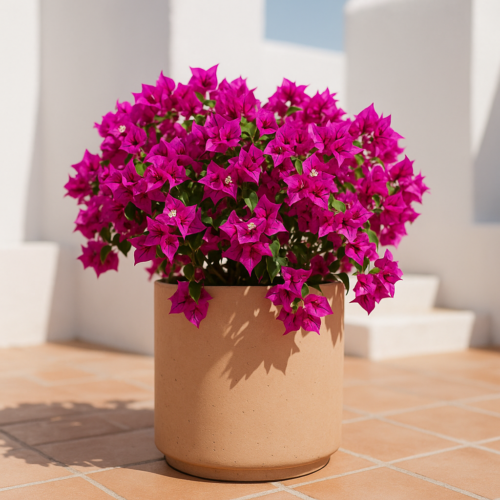 Hortus Classic Corsica Cylinder lifestyle - fibreglass stone-effect cylinder planter with Mediterranean plants on contemporary Mediterranean terrace
