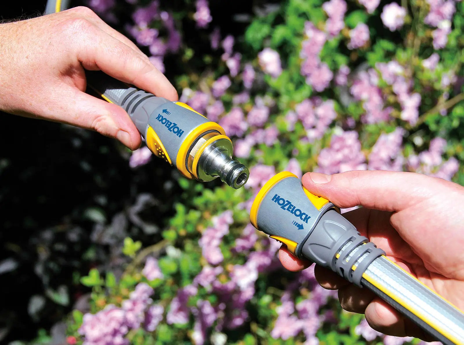 Hozelock Pro Metal Double Male Connector, close-up