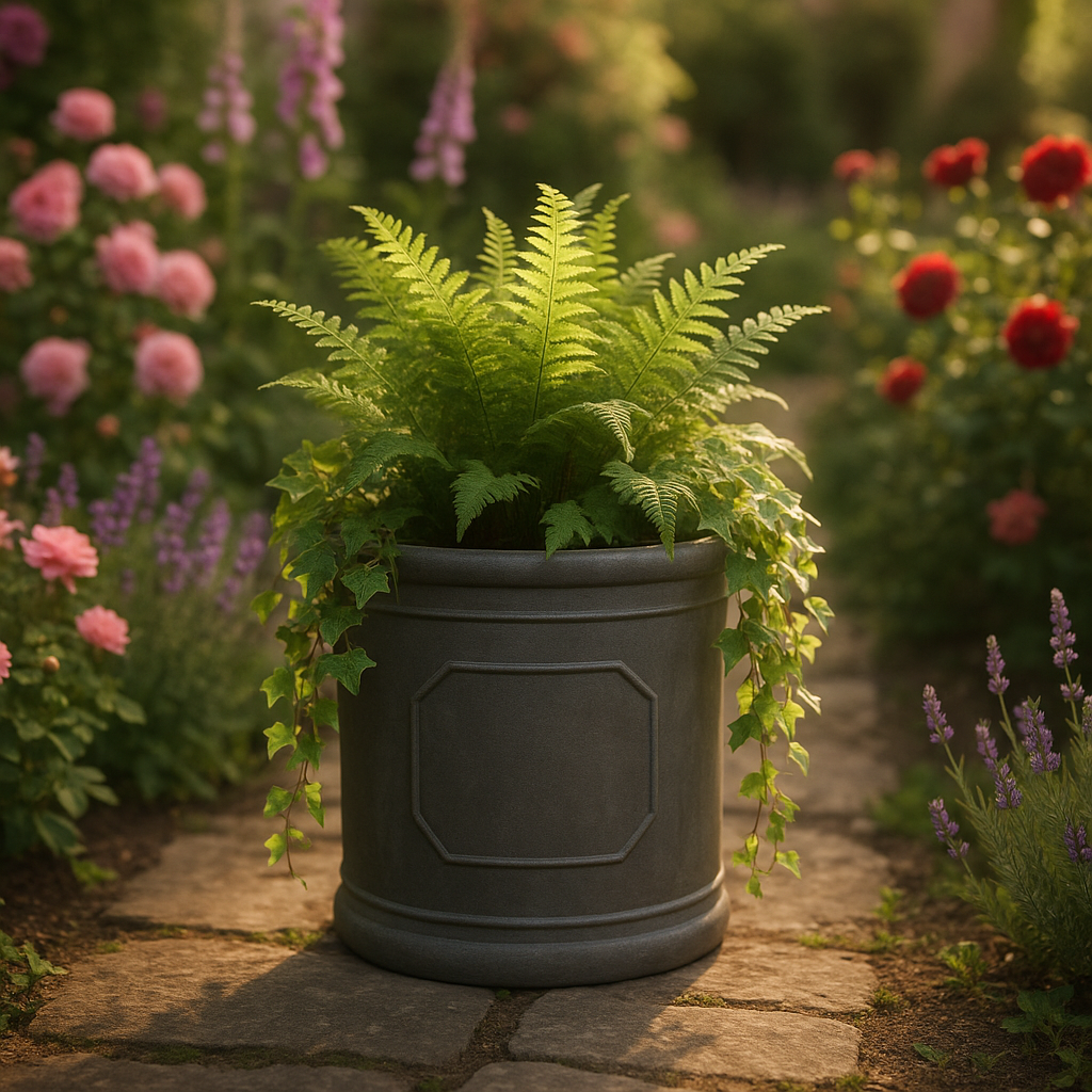 Hortus Victorian Cylinder - 31.4x31.4x31 lifestyle - fibreglass stone-effect cylinder planter with lush greenery on modern garden terrace