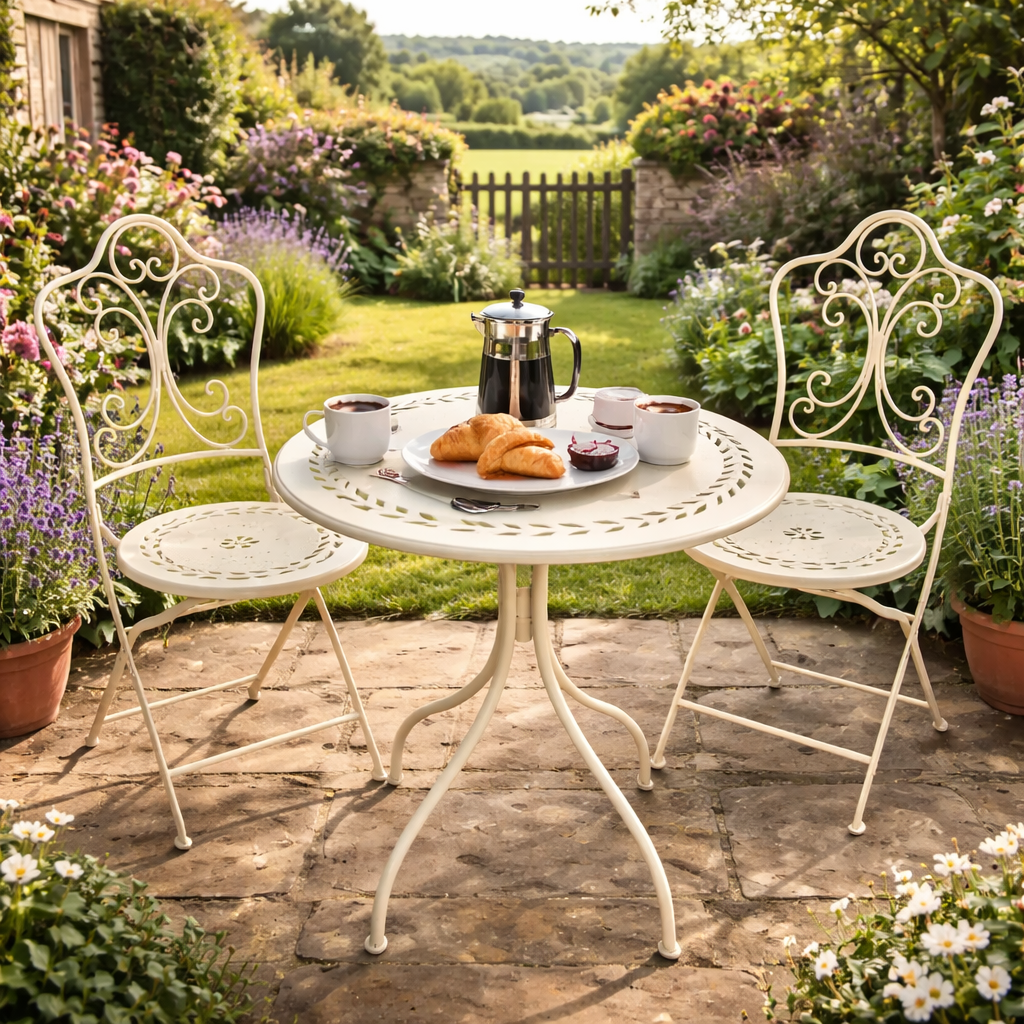 Metal Bistro Table Set  Leaf Design - 2 Chairs - Cream - Dia 60- H75cm