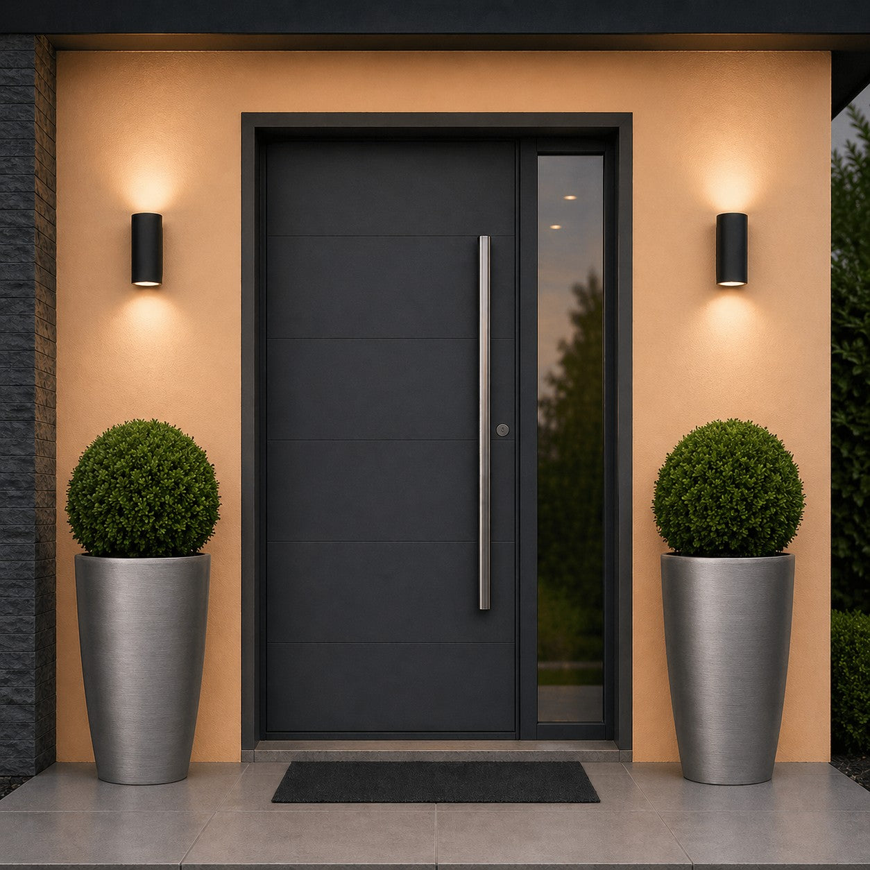 Hortus Lite - Metallic Look Tall Planter - Brushed Steel - Dia40 x H75cm lifestyle - metal planter with lush greenery on modern garden terrace