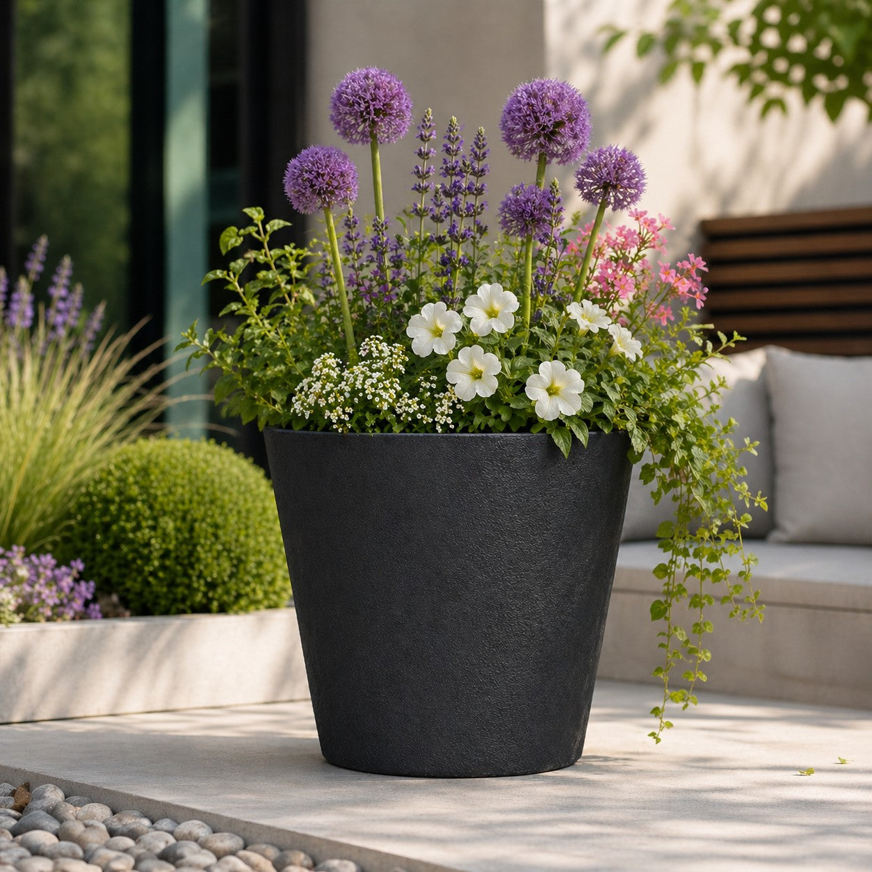 Hortus Lite - Aged Effect Plastic Planter - Charcoal Black - Dia 30 x H27 Dia30 - fibreglass stone-effect planter for indoor and outdoor use