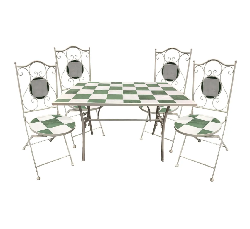Metal Rectangular Mosaic Table  Set - 4 Chairs - Green/ Natural -120x80cm