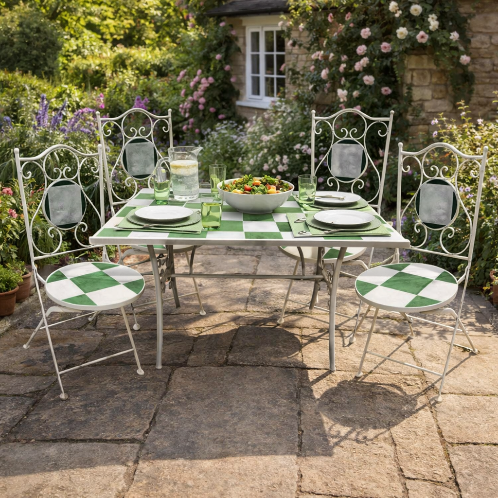Metal Rectangular Mosaic Table  Set - 4 Chairs - Green/ Natural -120x80cm