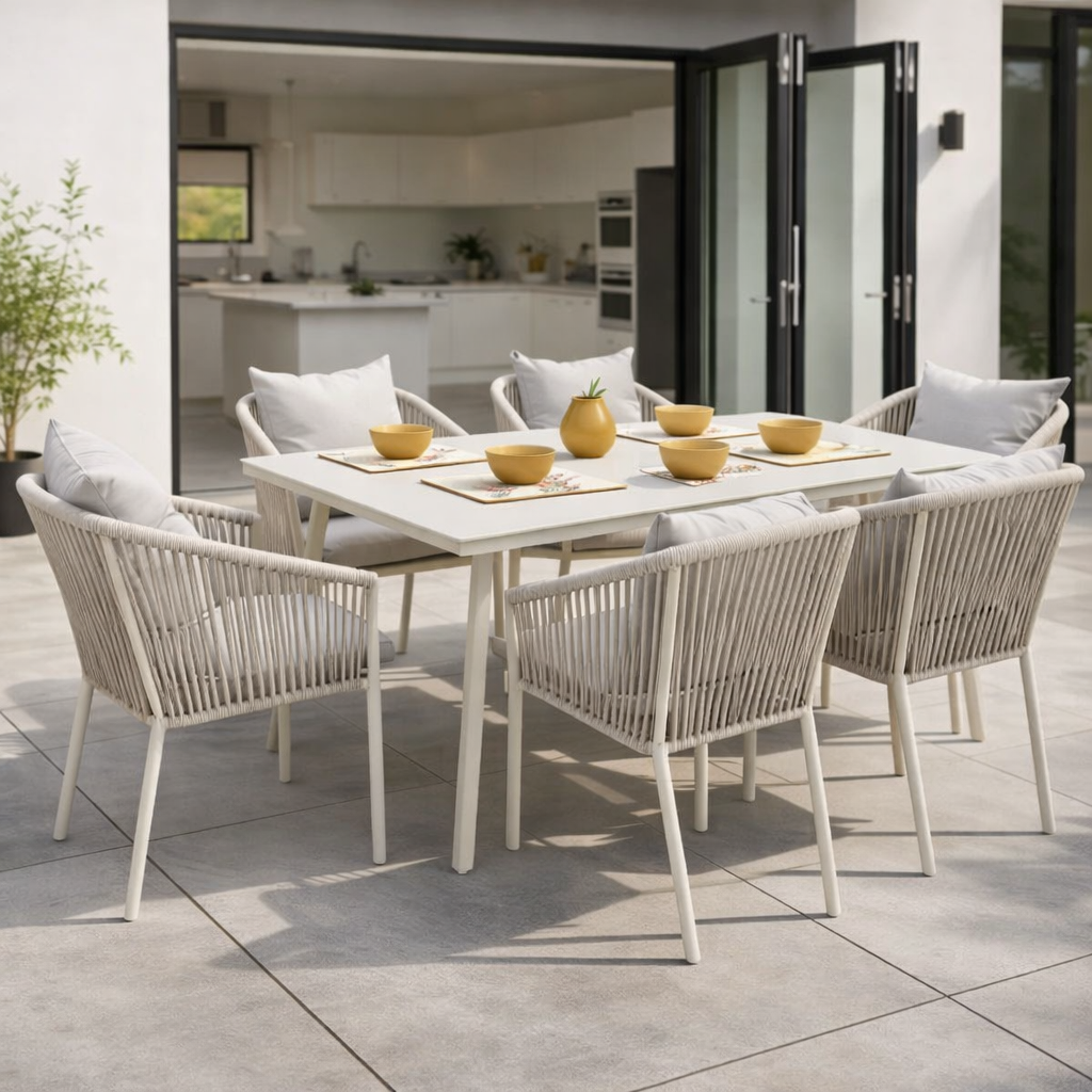 Outdoor Dining Set Table 6 Chairs/Rope - Grey